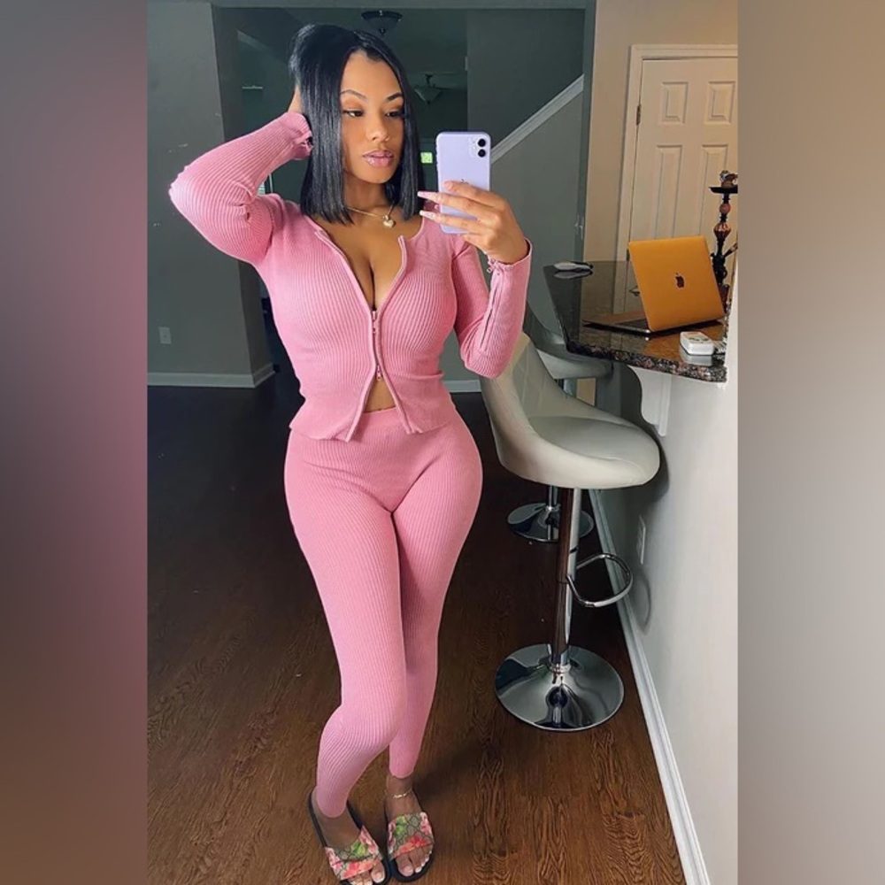 Pink fashion, nova, zipper, long sleeve top & bottoms set - Picture 2 of 15